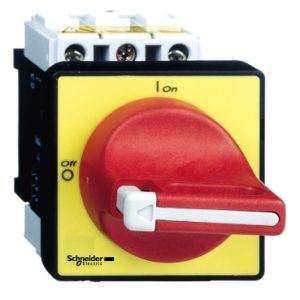 Main switch, 4 pole, 25 A, Emergency-Stop function, Lockable in the 0 (Off) position, rr mounting, with 400 mm metal shaft-Schneider