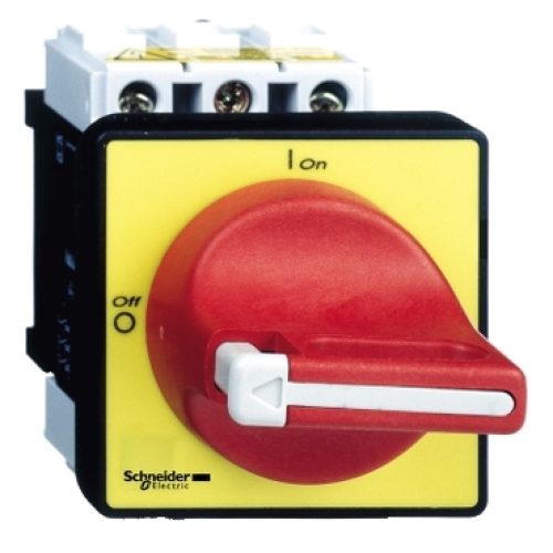 Main switch, 4 pole, 25 A, Emergency-Stop function, Lockable in the 0 (Off) position, rr mounting, with 400 mm metal shaft-Schneider