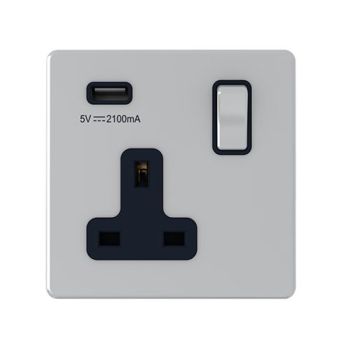 13A 1 Gang Switched Socket with 2.4Amp USB Output Silver – Snowlite